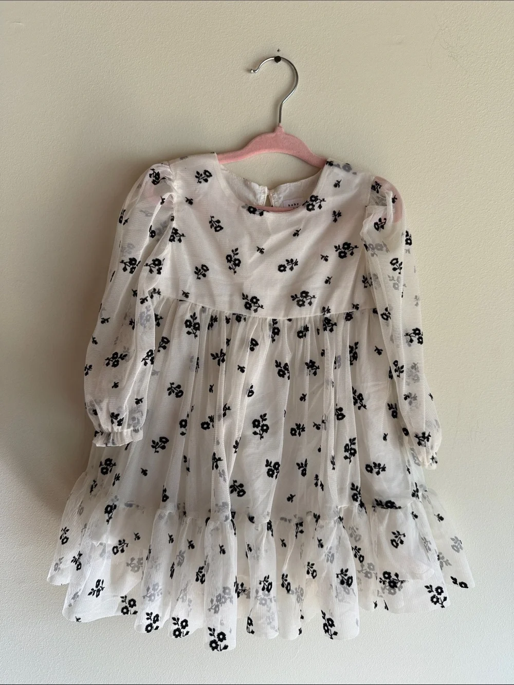 BABY GAP Cream & Black Floral Gauze Long-Sleeve Dress for Kids